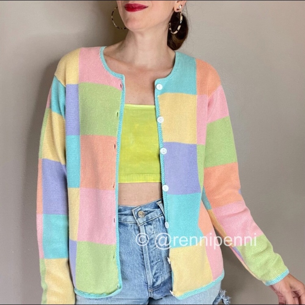 Vintage 90s pastel square patchwork cardigan M